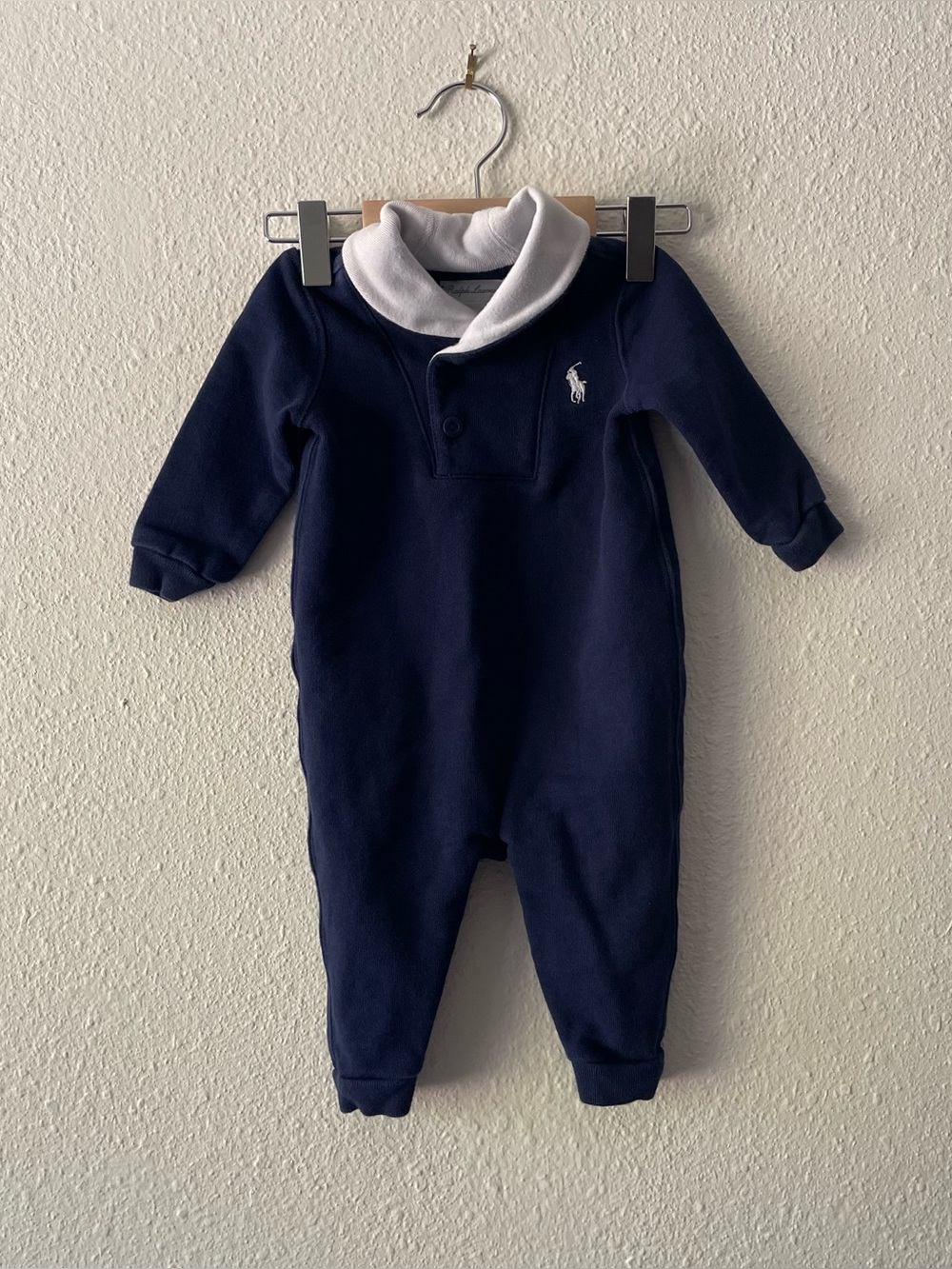 Ralph Lauren Baby Boys 6M Navy Blue Shawl Collar Romper One Piece Cotton